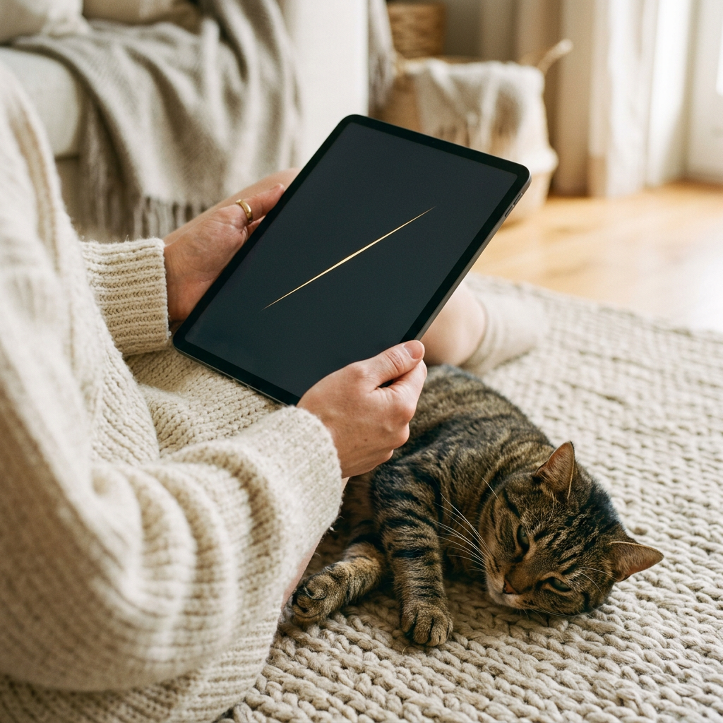 Someone on a sofa holding a tablet, a cat resting on the rug beside them
